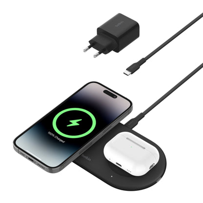 Base de carga 2 en 1 inalambrica plana Qi2 con USB-C Negra