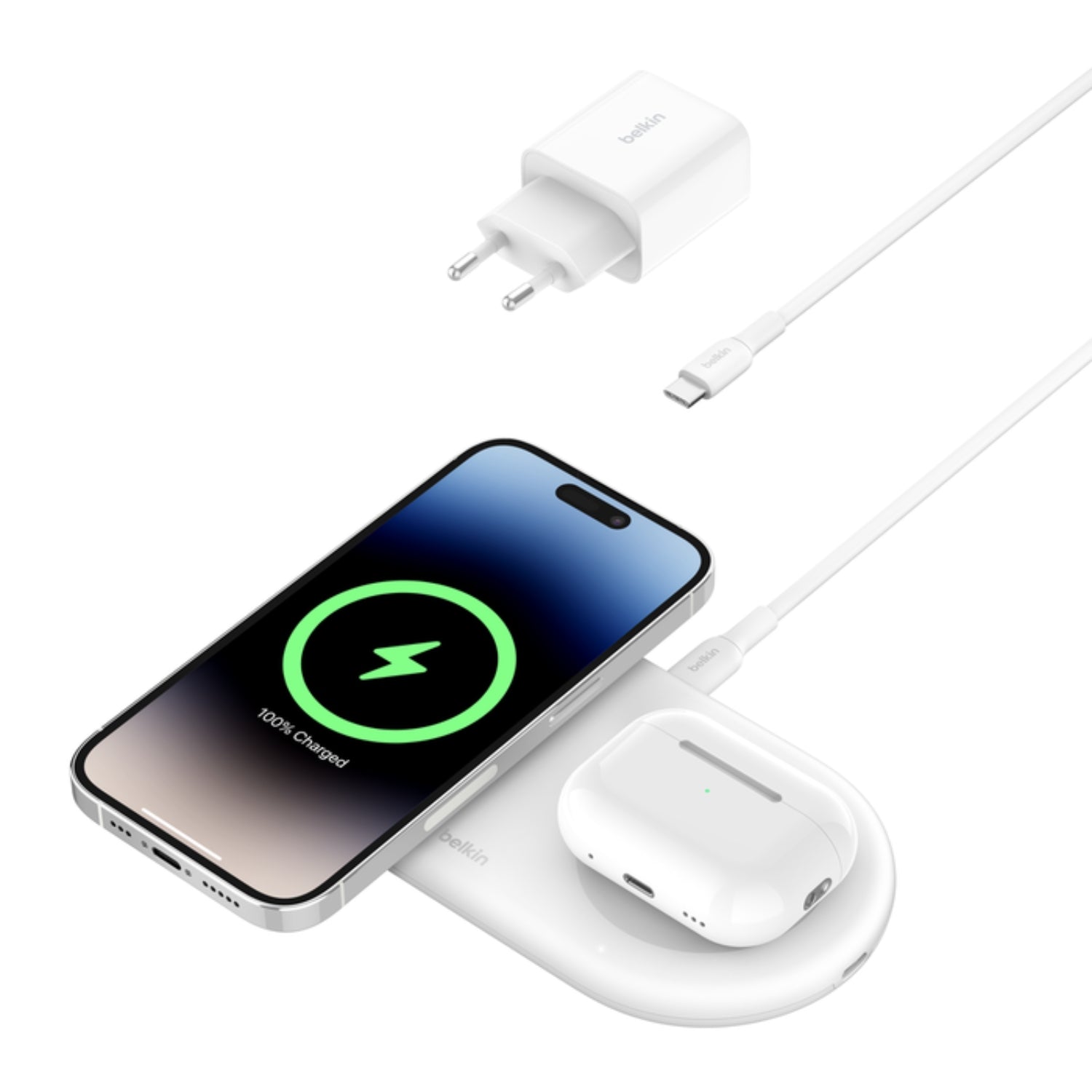 Base de carga 2 en 1 inalambrica plana Qi2 con USB-C Blanca